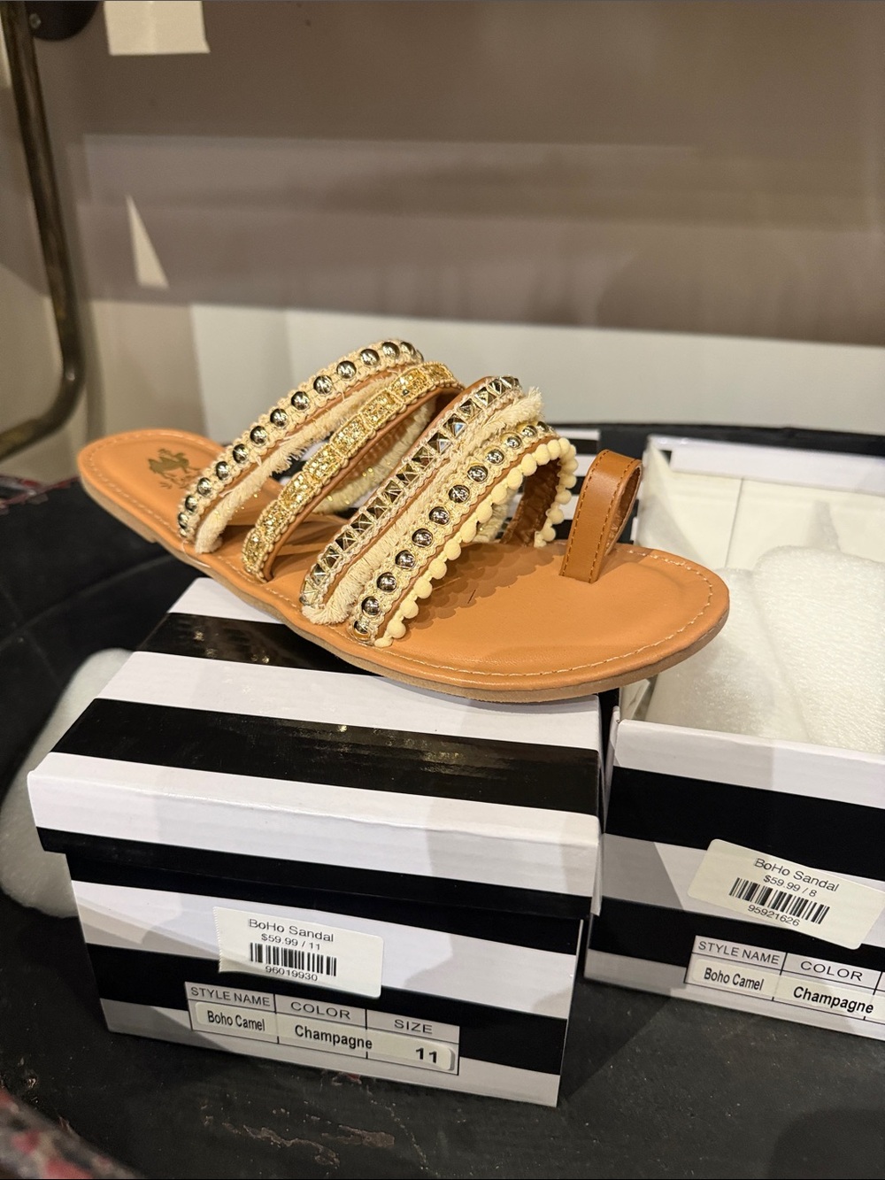 Boho Camel Champagne Slide Sandal with Beaded Straps - Women